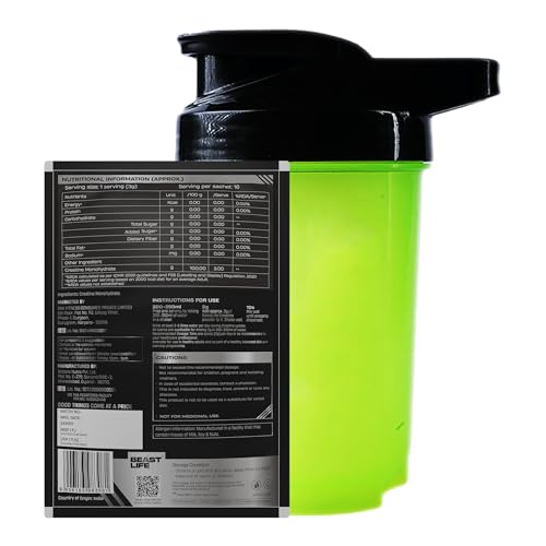 Image of Beastlife Pure Super Micronised Creatine & Shaker Pack | 50 g | 16 Servings | Unflavored | NABL Lab Tested | Rapid Absorption for Muscle Strength & Athletic Performance | Super Micronised Creatine Powder