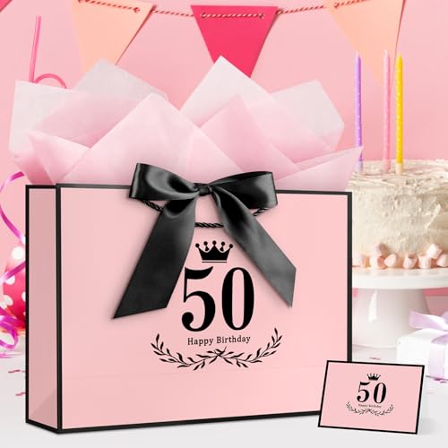 Image of JMANNI 50th Birthday Gift Bag, Pink with Black Satin Bow & Crown Design, Medium Happy 50th Birthday Present Bag for Party Favors, Size 12.60 inchx8.66 inchx4.33 inch
