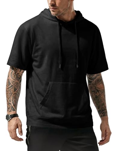 JMIERR Mens Short Sleeve Hoodie Cotton Hooded T-shirts Lightweight Solid Tops with Pocket