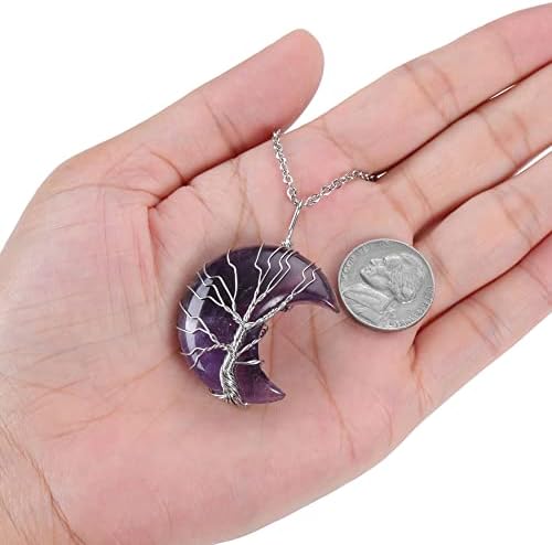 JSDDE Natural Amethyst Crystals Stone Necklace Healing Crystal Tree of Life Wire Wrapped Moon Quartz Gemstone Pendant Necklace Jewelry Christmas Gift