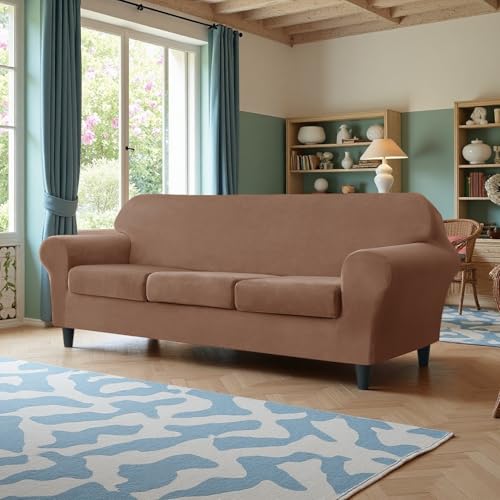 Deisy Dee Velvet Couch Covers - Stretch Soft Sofa Slipcovers for 3 Cushion Couch - Pet Friendly and Durable Fabric for Dogs and Pets - Elegant Protection for Your Living Room Furniture (Brown) by Deisy Dee - Used condition - CA$34.43