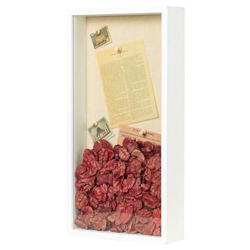 Image of Shadow Box Frame 8x16 Shadow Box Display Case with Linen Back of Awards Memorabilia Flower, Pictures, Keepsakes、Bouquet、Medals and More Photos Memory Box White