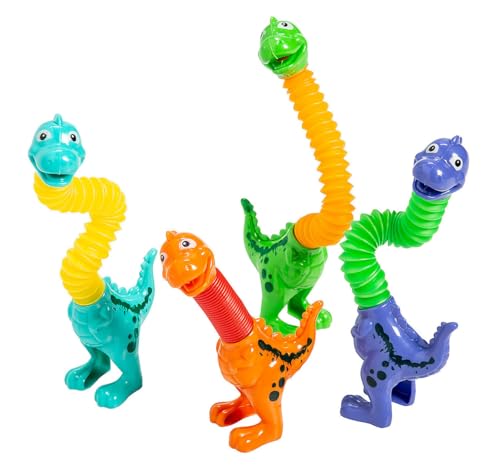 Set of 4 Cute Dinosaur Neck Pull and Pop Snap Animal Expanding Flexible Accordion Tube Toy - Free Play - Open Ended Fidget Toy Dino (Set of All 4 Colors)