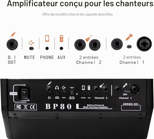 BP80 Amplificateur de guitare acoustique à piles - Haut-parleur Bluetooth portable 100 W, 6 entrées, égaliseur 3 bandes, noir – vue 4