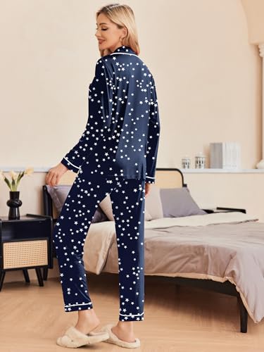 Image of Ekouaer Pajamas Women's Long Sleeve Sleepwear Soft Button Down Loungewear Pjs Lounge Set Nightwear,Navy Stars Pattern,Small