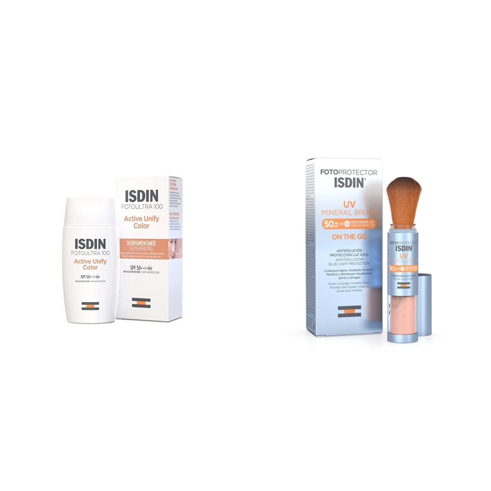 ISDIN FotoUltra 100 Active Unify SPF 50+, + Fotoprotector Uv Mineral Brush Spf 50+, Protector Solar Facial De Uso Diario On The Go,2 G