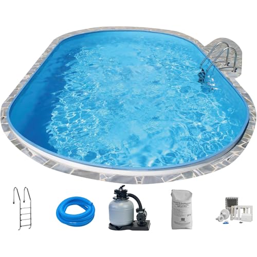 Stahlwandpool Set (10-teilig) tief oval Formentera 525x320x150 cm, Stahl 0,8mm weiß Folie 0,6mm blau