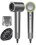 High Speed Ionic Hair Dryer, Brushless Motor for Fast Drying, 3.7 Billion Negative Ions for Smooth Hair, Low Noise Portable Blow Dryer with Diffuser & Concentrator, Grey