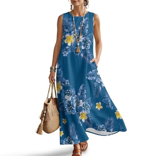Oamsistay US 250 Years Women's Summer Casual Sleeveless Sun Dress Maxi Vest Beach Dress with Sides Pockets and Zipper Linen A Line Plus Size Clothes for Women