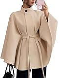 Mywinway Batwing Sleeve Cape Coat for Women 2025 Fall Winter Trendy Shlaw Poncho Peacoat Casual Belted Cloak Cape Wool Jackets,Beige,XL