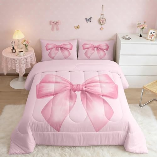 Feelyou Pink Bow Comforter Set All Season Cute Bowknot Bedding Set