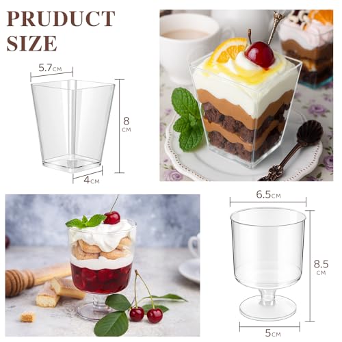 YUEONEWIN 50 Stück Dessertgläser Plastik, Dessertbecher Plastik 150ml mit Löffel-2 Verschiedene Designs, Wiederverwendbar Dessertgläser für Eis Mousse Pudding Party Geburtstag Hochzeiten