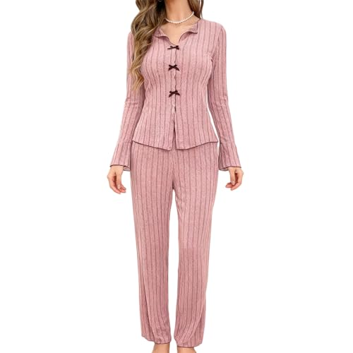 LXEASYGO Women's Long-Sleeve Pajama Set Soft Two Piece Pjs V Neck Button up Top and Comfy Pants Sleepwear Loungewear for Women (UK, Alpha, M, Regular, Regular, Pink)