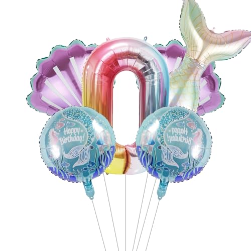 Mermaid Birthday Decoration Mermaid Foil Large Number Balloons for Girls Under The Sea Mermaid Theme Baby Shower Birthday Favors（40inch Number balloon 0）