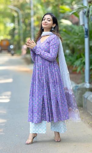 Image of Nermosa Women Printed Anarkali Kurta and Pant Set with Dupatta