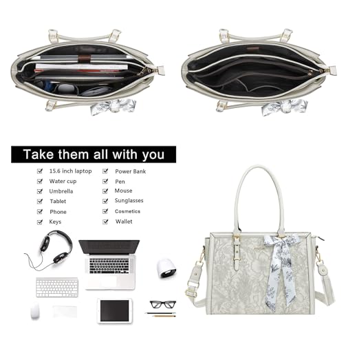 Image of MOSISO Laptop Bag for Women, PU Leather Tote Bag, Front Embossed Retro Hibiscus Computer Bags with Silk Scarf&Clutch Purse