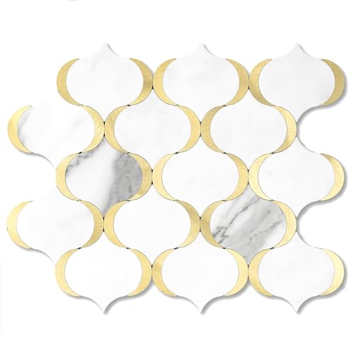 OYASIMI 10 Sheet Arabesque Peel and Stick Backsplash Tile, Stick on Backsplash for Kitchen and Bathroom Wall, Marble White Look PVC Mixed Metal Gold