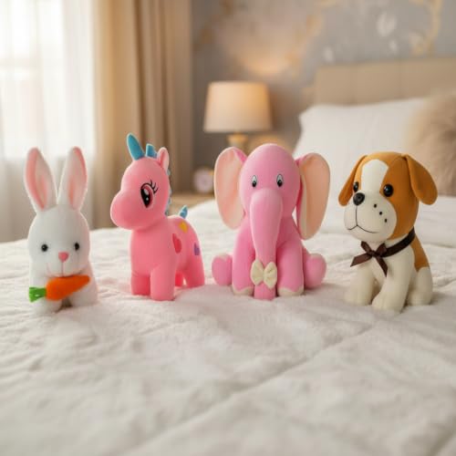 Image of Soft Toys Combo Stuffed Animal Plush Toys Set of 4, Rabbit, Unicorn, Elephant, New Dog