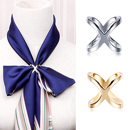 2PCS Women Girls Elegant X-Shaped Modern Simple Scarf Clips Fashionable Cross Hollowed Out Scarves Buckle Slide Jewelry Silk Scarf Clasp Rings Clothing Wrap Holder for Neckerchief Shawl (Silver+Gold)
