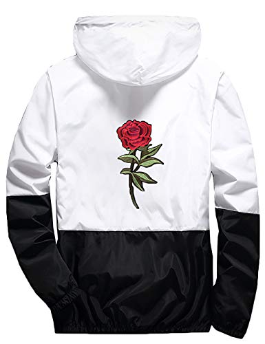 Rexcyril Men's Rose Floral Windbreaker Hooded Jacket Lightweight Casual Full Zip Flower Coat