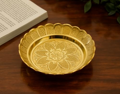 Image of Mkd2 Rise Brass Puja Round Thali /Bhog Thali /Puja Plate for Worship, Flower-Engraved Design (Brass, Gold Colour, 6 Inches)