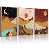 KUVIOKE Boho Landscape Wall Art Set Watercolor Sunrise Mountain Range Forest Desert Nature Wilderness Farmhouse Rustic Modern Art Decorative for Living Room Bedroom 11x 14in (Natural Framed)