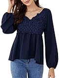 Damen Elegant Tops Langarm V-Ausschnitt Sexy Spitze Hemd Frauen Casual Tunika Shirt