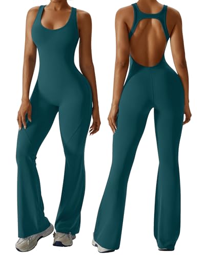 OEAK Womens Flare Jumpsuit with Bra Tummy Control Cutout Romper Workout Outfit Sleeveless Unitard One Piece Backless Bodysuit Blackish Green L
