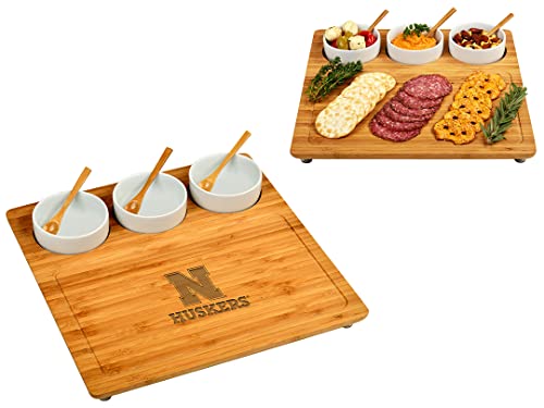 NCAA Nebraska University Officially Licensed Cornhuskers Bamboo Cheese/Charcuterie Board with Ceramic Bowls & cheese Markers
