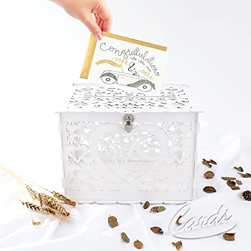 Image of Ywlake Wedding Money Box Holder with Sign, Large Rustic Wood Wooden DIY Envelope Gift Post Card Boxes with Lock Slot for Reception Anniversary Graduation Birthday Party Parties (Mr & Mrs, White)