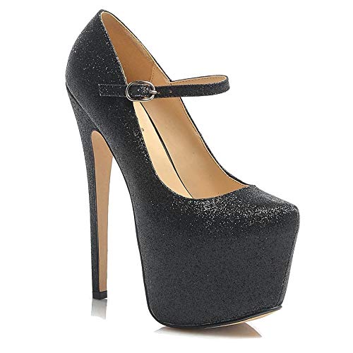 Core Collection Womens Ladies Mary Jane Stiletto HIGH Heel Party Platform Ankle Strap Shoes Size 3-8 Black Glitter