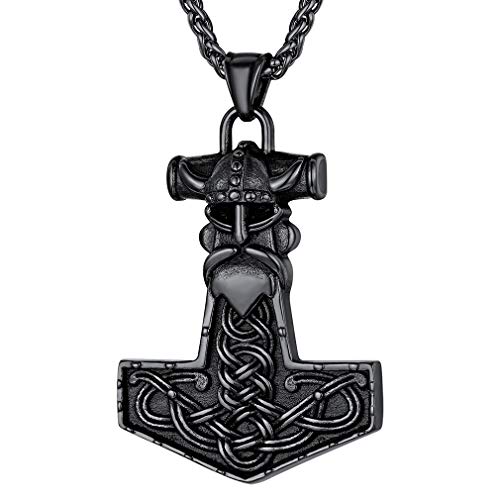Personalized Custom Norse Vikings Odin Necklace Mens Stainless Steel Nordic Viking Jewelry Thors Hammer Pendant with Sturdy Wheat Neck Chains Pagan Amulet Accessories-Black