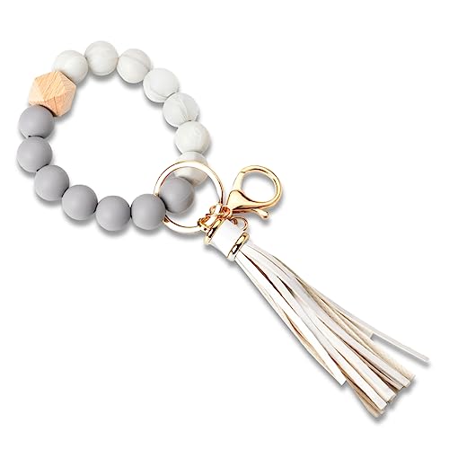 Silicone Key Ring Bracelet Wristlet Keychain for Women With Leather Tassels - Bead Keychain Holder for Girls - Wedding, Graduation, Birthday Gifts