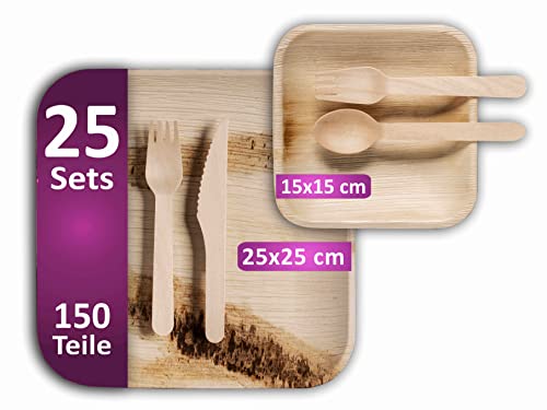 Waipur Bio Palmblatt Geschirr Set mit Holzbesteck - je 25 große Teller und Dessertteller, 50 Gabeln, je 25 Messer und Löffel - Premium Einweg Geschirrset kompostierbar Cover