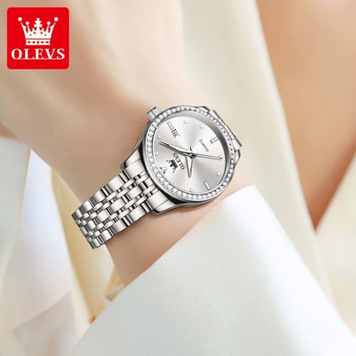 OLEVS Silver Watch for Women Diamond Small Face Waterproof Dress Watches - image 8