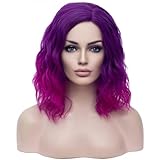 BERON Purple Ombre Wigs for Womens Short Curly Wavy Girls Wig Dark Roots Purple Shoulder Length Hair Wig with Heat Resistant Synthetic Cosplay or Daily Use Wigs