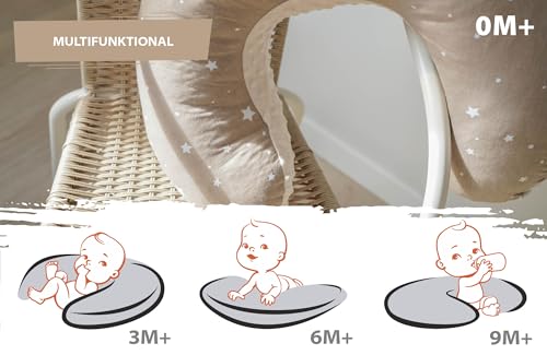 Stillkissen klein Mond Minky 130 cm - Nursing und Breastfeeding Pillow Stillmond Stützkissen Stillhörnchen kleines Still Kissen und Lagerungskissen beim Stillen Oeko-Tex Beige mit Weiß Sternen