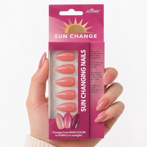 Color Changing Press on Nails Short Almond French Tip Fake Nails 24Pcs