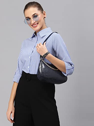 Image of Style Quotient Women Gray and White Cotton Stripe Smart Casual Shirt