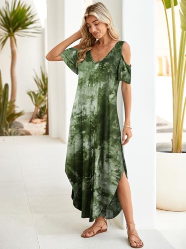 Image of BELAROI Womens Cold Shoulder Maxi Dress Plus Size V Neck Summer Sundresses with Pockets Beach Coverup Vacation Outfits