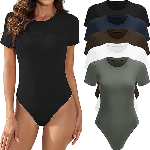 MLYENX 5 Pack Body Suits for Womens Short Sleeve Round Neck Casual Stretchy Basic T Shirt Bodysuit Tops S