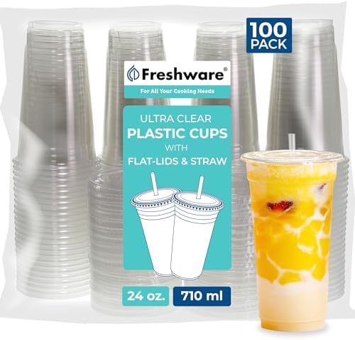 Freshware Clear Plastic Cups with Flat Lids and Straws [100 Cups - 24 oz] Disposable Tumblers for Iced Coffee, Smoothie, Milkshake, Cold Drinks