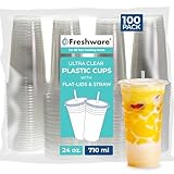 Freshware Clear Plastic Cups with Flat Lids and Straws [100 Cups - 24 oz] Disposable Tumblers for Iced Coffee, Smoothie, Milkshake, Cold Drinks