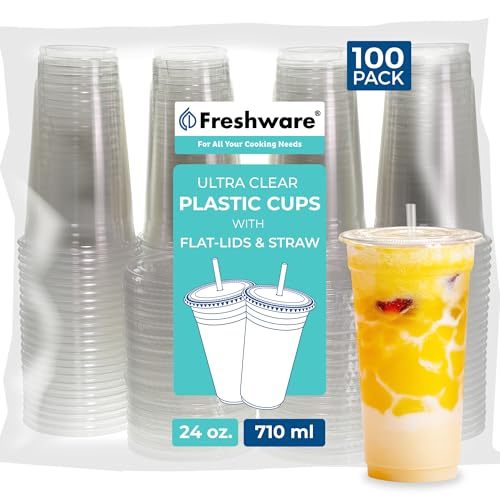 Freshware Clear Plastic Cups with Flat Lids...