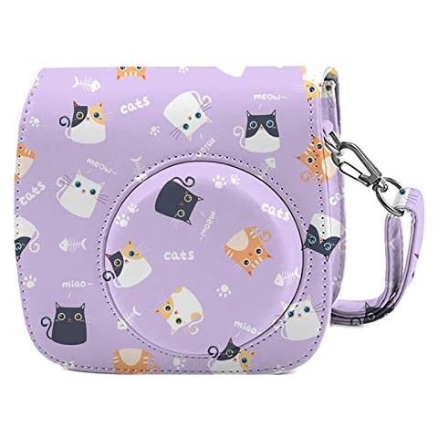 Phetium Instant Camera Protective Case Compatible with Instax Mini 12/11 Camera,PU Leather Bag with Pocket and Adjustable Shoulder Strap (Purple cat) Cover