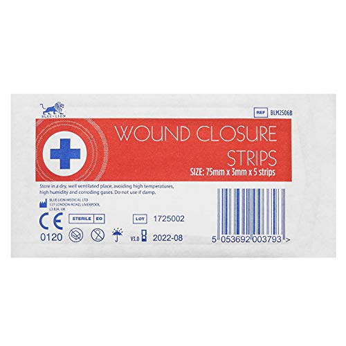 Blue Lion 3mm x 75mm Sterile Wound Closure Skin Stitch Adhesive Wound Strips Sutures - 1 Pack (5 Strips)