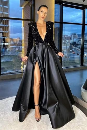 A-Line Prom Gown Bling Sequin Satin Ball Gown with Pockets Pleated Long Sleeve Formal Evening Dresses Deep V-Neck JS00084