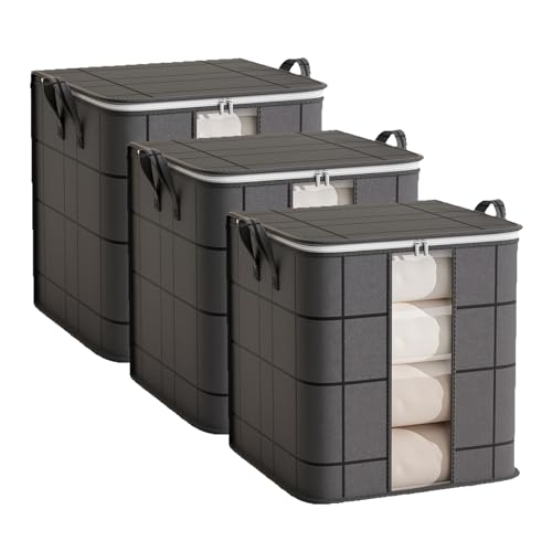 3 Pack 100 L Clothes Storage Bags, Collapsible Closet Organizers, Large Storage Bins with Reinforced Handles, Heavy-Duty Storage Totes for Clothes, Comforters, Blankets & Pillows (Black)