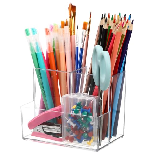 Healeved Organizer da Scrivania Trasparente in Resistente Portapennelli Trucco Multifunzionale Compatto Porta Cosmetici e Articoli per Ufficio Supporto Leggero e Stabile con Tre Scomparti