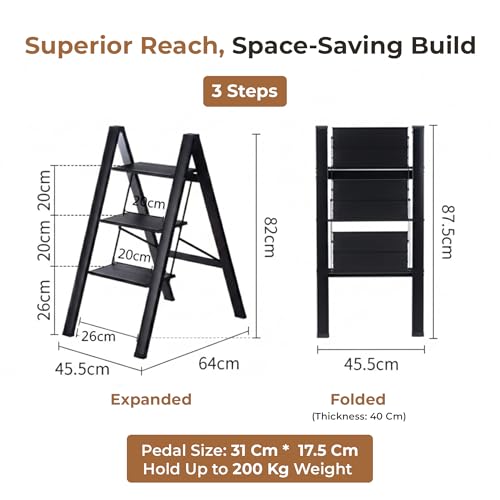 Image of HomeEssentials Foldable Ladder for Home | Heavy-Duty Steel with Large Platform | Wide Non-Slip Rubber Feet | Secure Lock Mechanism (3 Step)